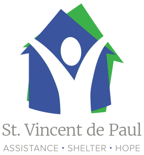 st. vincent de paul logo that's an icon of a person with their hands up in front of two houses