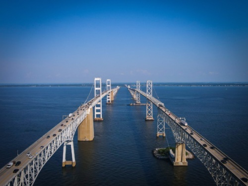 Aerial view of Chesapeake Bay Bridge in Hampton Roads, Virginia