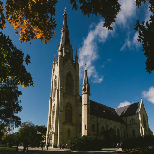 Basilica of the Sacred Heart at Notre Dame University from the side and framed by trees in autumn