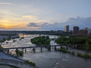 sunsetting at dusk over the James river in Richmond, Virginia