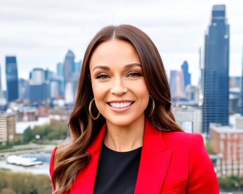 Headshot of Sarah Smith-Barry, a white woman with long brown hair wearing a red suit jacket.