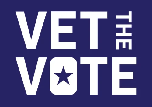 Vet the Vote logo in white font with dark blue background and a star inside the O of Vote.
